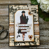 Vintage collage card of the lady with 'A little bit older and a lot more fabulous' on ticket labels.