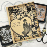 Kraft heart-framed card of the lady with the mood-ring sentiment beside Distress Ink pads.