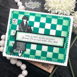 Green checkerboard card of the lady with 'This is not store bought because I'm so much better than that.'
