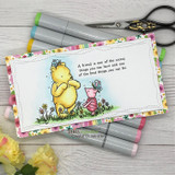 Slimline card with Pooh and Piglet in a flower field, 'A friend is one of the nicest things you can have.'