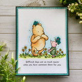 Teal-framed card with Pooh and Piglet watching a butterfly over the 'difficult days' quote.
