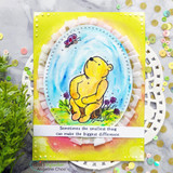 Yellow ruffle-framed oval card of Pooh gazing at the butterfly with the smallest-thing sentiment