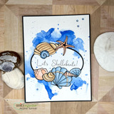 Card with shells and a starfish coloured in warm tan and aqua inside a black oval line, over a deep blue watercolor wash, sentiment "Let's Shellebrate!"
