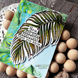 Sample card: the frond colored green and gold over tropical leaf paper, with a sentiment from another set
