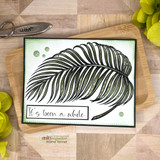 Sample card: a deep green frond on white with a soft green edge, and 'It's been a while' in a black box