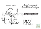 Red rubber stamp sheet with a big dog and a small puppy sitting together in matching bandanas, beside sentiments reading 'Thanks friend', 'Friends furever' and 'Best dad ever'.