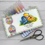 Plaid-framed slimline card of the friends with gel pens and the called-love quote.