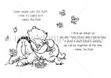 Red rubber stamp sheet with the classic honey loving bear seated among butterflies and flowers, beside the sentiment 'Some people care too much. I think it's called love.'