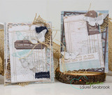 Two rustic cards on a wood slice with ledger backgrounds, soft French label stamping, paper butterflies, burlap and denim trims.