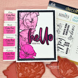 Black-framed card with a bright pink poppy and a bold magenta script word reading Hello beautiful.
