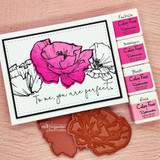 White card with one magenta poppy beside two outline poppies and the script sentiment To me, you are perfect, styled with pink ink cubes.
