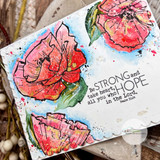 Watercolor card with coral and pink poppies in the corners and a stamped scripture panel reading Be strong and take heart, all you who hope in the Lord.
