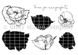 Line art of the To Me, You Are Perfect two-step layering set: outlined poppy blooms paired with solid and plaid-textured shadow layers, plus a script sentiment reading To me, you are perfect.