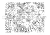 Red rubber background stamp densely packed with outlined wildflowers, daisies, seed heads and leaves filling the whole panel edge to edge.