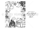 Let's Get Lost border background red rubber stamp from Unity Stamp Co, black line art of a frame built from camping scenes: a vintage travel trailer, a tent, pine trees, a backpack, a sleeping bag, a thermos, s'mores over a campfire, clouds, stars, sun and crescent moon, beside the sentiment 'Let's find a beautiful place to get lost'.