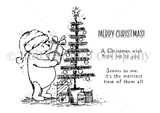 Winnie the Pooh: Merriest Time red rubber stamp set in line art: Pooh in a Santa hat holding a gift beside a decorated tree with honey pots at its base, plus the sentiments “MERRY CHRISTMAS!,” “A Christmas wish from me to you” and “Seems to me, it's the merriest time of them all.” Illustrated by Angie Blom.