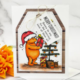Kraft tag card tied with twine: Pooh in a Santa hat beside his tree, with a “MERRY CHRISTMAS!” tag and the merriest-time sentiment.