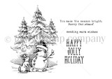 Red-rubber Happy Jolly Holiday stamp — a snowman and bunny among snowy pine trees with sentiments 'You make the season bright. Merry Christmas!', 'sending warm wishes' and 'HAPPY JOLLY HOLIDAY.'