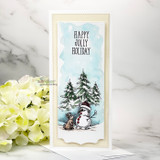 Slimline card with the snowman-and-bunny scene under 'HAPPY JOLLY HOLIDAY.'