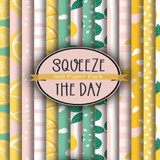 Squeeze the Day 6x6 paper pack fanned out: lemon slices, leaves, stripes and dots in sunny yellow, blush pink and green around a cover label.