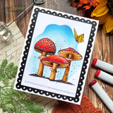 Red-and-tan mushroom cluster colored under a blue sky with a butterfly and 'Happiness lives in the smallest moments.'