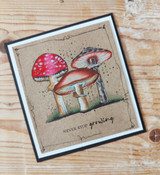 Kraft card with red mushrooms and 'never stop growing.'