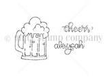 Black and white stamp sheet with a frothy beer mug and the hand-lettered sentiments 'cheers' and 'ale, yeah.'