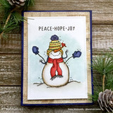Card of the snowman with a striped hat and red scarf holding a banner, 'PEACE HOPE JOY'.