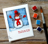 Watercolor card of the snowman on a snowy blue sky, 'May the joy of the season never melt'.