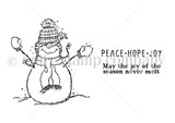Red rubber stamp line art of a bundled snowman holding a pennant banner with 'PEACE HOPE JOY' and 'May the joy of the season never melt'.