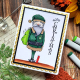 Card with a green-suited Santa and a vertical 'Merry Christmas' on a scalloped panel.