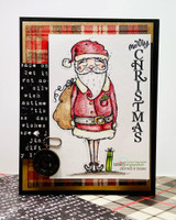 Card with a red-suited Santa over a plaid-and-text background and a vertical 'Merry Christmas.'