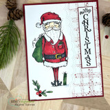 Card with a red-and-green Santa on a red script background and vertical 'Merry Christmas.'