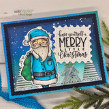 Card with a blue-suited Santa on a navy frame and 'have yourself a merry little Christmas.'