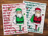 Two cards with green- and red-suited Santas over a 'Merry Christmas' word background.