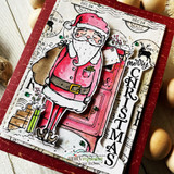 Card with a pink-and-red Santa on a vintage postmark background and vertical 'Merry Christmas.'