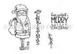 Line-art stamp sheet of a whimsical long-legged Santa with a gift sack plus 'have yourself a merry little Christmas' and a vertical 'Merry Christmas.'