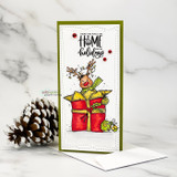 Slimline card with the reindeer in a red gift box and 'There's no place like home for the holidays.'