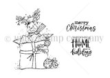 Red rubber stamp sheet: a reindeer popping out of a wrapped gift box with 'merry Christmas' and 'There's no place like home for the holidays.'