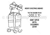 December 25th Gnomie red rubber stamp set - a gnome in a pointed hat perched on a stack of wrapped gifts with a curling ribbon, plus 'Merry Christmas gnomie!', ''tis the season to be JOLLY' and 'DON'T OPEN UNTIL DECEMBER 25TH!'