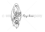 Hey Boo itty bitty stamp: a draped ghost holding flowers and a jack-o-lantern with 'hey, boo' script.