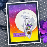 Full-moon sunset card of the flower ghost on a purple-to-yellow galaxy wash.