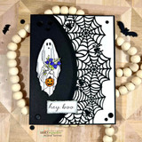 Black die-cut spiderweb card of the ghost with bats on white.