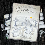 Card with the graveyard scene over black bats, 'Halloween'
