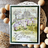 Green-framed card with the colored graveyard scene, 'Halloween'