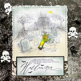 Card with the haunted castle scene and a reaching zombie hand, 'Halloween'