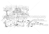 Red rubber stamp sheet with a moonlit graveyard scene of leaning headstones, an iron fence, bare trees and a steepled crypt, beside the sentiment 'When witches go riding and black cats are seen, the moon laughs and whispers 'tis near Halloween'.