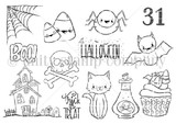 The '31' Halloween red rubber stamp set: line-art of spooky icons - spider web, candy corn, spider, bat, skull, haunted house, cat, potion and cupcake - with 'Boo', 'Halloween', 'trick or treat' and a number '31'.