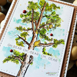Handmade card featuring the Winnie the Pooh climbing a honeybee tree with a honey pot and beehive, with autumn-orange leaves, stamped with 'Hang in there, you're rooting for you'.