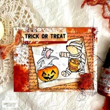Halloween card with mummy-wrapped Winnie the Pooh and ghost Piglet on a pumpkin, orange grunge frame, 'Trick or Treat.'